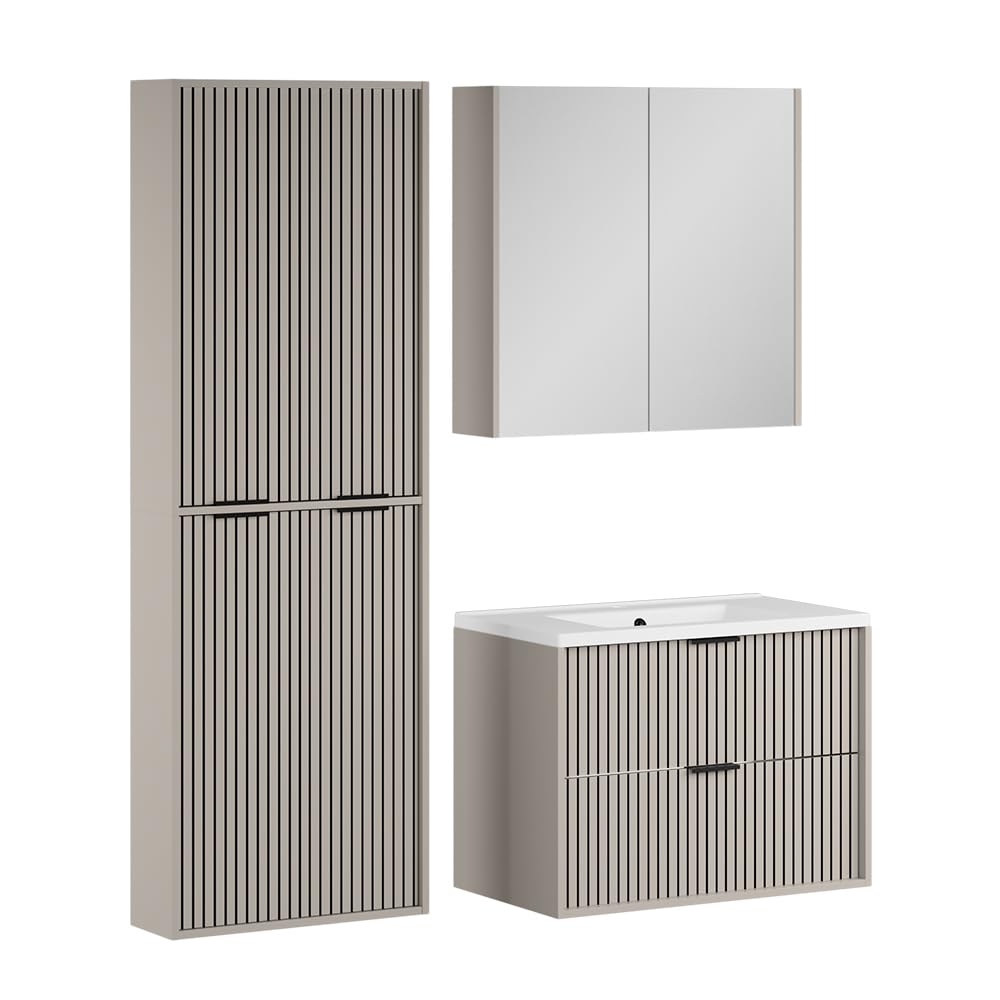 Vicco Badmöbel-Set Ruford, Cashmere, 80 cm, besteht aus Waschbeckenunterschrank inkl. Waschbecken, Midischrank und Badspiegel