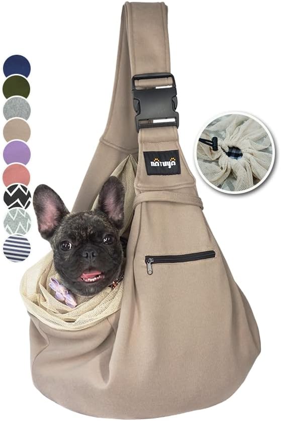 NATUYA Dog Sling Puppy Carrier for Small Dogs Hand Free Doggie Walking Bag Adjustable Shoulder Strap Zip Pocket Safety Belt Protective Mesh Pet Carrier for Travel Outdoor Subway, Khaki