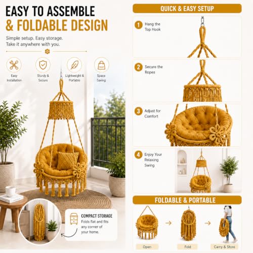 Image of Premium King Size Hammock Chair Swing with Cushion, 200kg Capacity | Indoor Outdoor Heavy Duty Adults & Kids Hanging Jhula for Home, Garden, Patio & Balcony | 1 Year Warranty (Yellow)