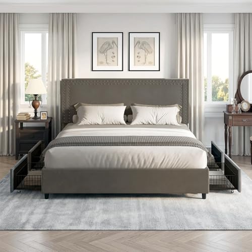 Image of VECELO Full Size Upholstered Bed Frames with 4 Storage Drawers, Adjustable Velvet Rivet Decor Headboard, Wooden Slats Platform Support, No Box Spring Needed, Easy Assembly,Dark Grey