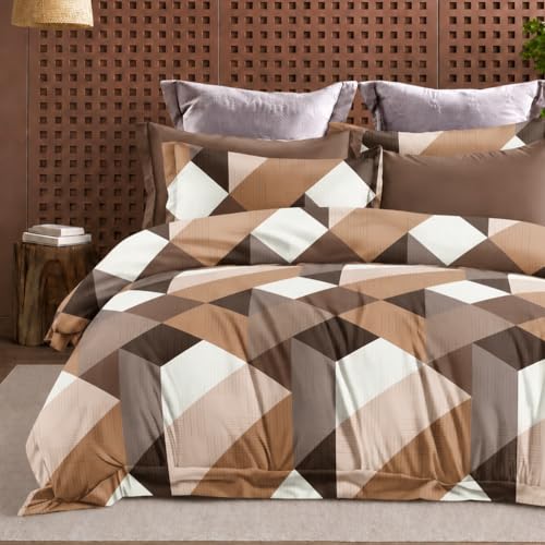 Image of DECOR2ADMIRE 300TC Glace Cotton Printed Super King Size Double Bedsheet with Two Pillow Covers, 108 x 108 Inches or 9 Feet x 9 Feet - (Brown Geometric)