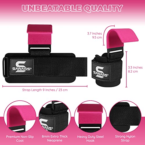 Lifting Hooks Non-Slip Coated Heavy Duty Solid Steel Neoprene Thick Padded Wrist Support Pair of Weight Lifting Gym Straps Deadlifts Chin Pull Up Fitness Bar Grip Strength Training Equipment (Pink) - Image 4
