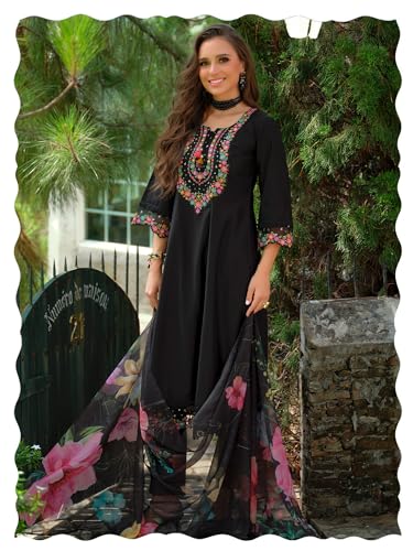 Image of INDO ERA Women's A-Line Cotton Blend Floral Embroidered Kurta & Pant With Dupatta Set (IEOUT11375)