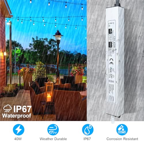 Image of LightingWill LED Driver 40 Watts Waterproof IP67 Power Supply Transformer, 90-265V AC to 12V DC Low Voltage Output, Adapter with 3-Prong Plug 3.3 Feet Cable for Outdoor Use, Computer Project