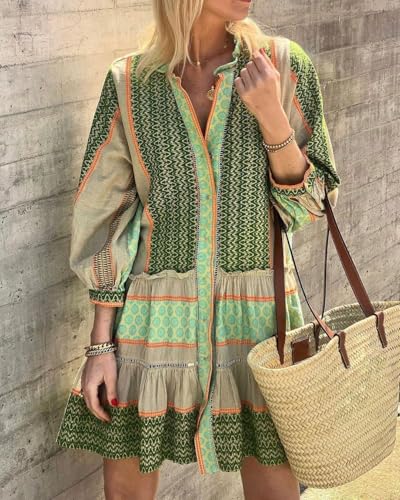 CHARTOU Summer Casual Short Dress for Women 3/4 Sleeve Green Floral Boho Tunic Shirt Dress2