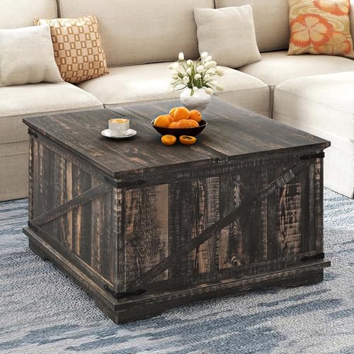 DWVO Lift Top Coffee Table with Storage, Farmhouse Coffee Tables for Living Room, Square Coffee Table with Lifting Top Wood Center Table with Large Hidden Storage, Brown