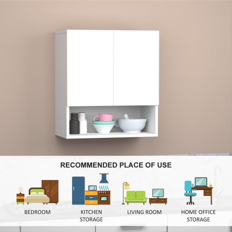 Image of 2 Door Multipurpose Wall Mounted Cabinet with Adjustable & Fixed Shelf | Storage for Kitchen, Bathroom, Office & Living Room | Assembly-DIY | Color-White | Size-60x33x63.8 Cm
