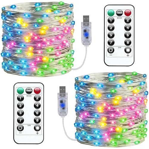 TheaPro 10m/33ft USB Fairy String Lights,100 LED Copper Wire Waterproof with Remote & Timer, 8 Modes Dimmable for Bedroom Christmas Party Indoor Outdoor Decorations（ 2 Pack ）