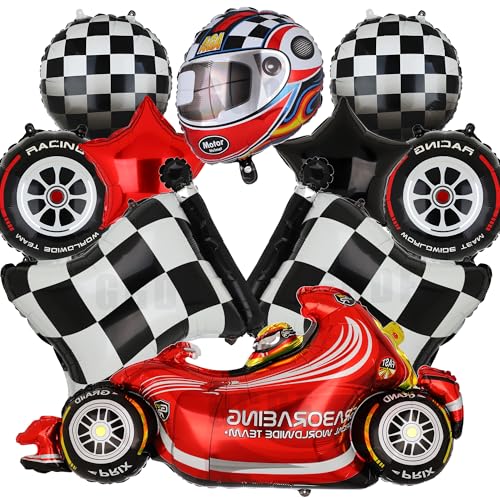 Race Car Balloons Tire Balloon Chequered Flag Balloons Helmet Balloons Two Fast Speedy Race Car Themed Birthday Party Decor Supplies 10 Pcs Kit