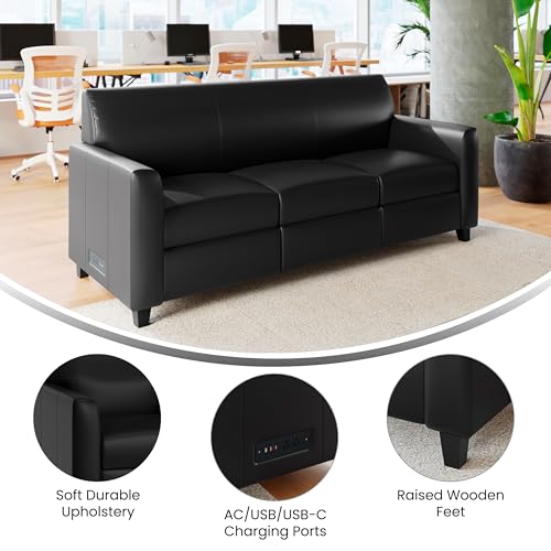 Image of Flash Furniture LeatherSoft Reception Sofa with Left, Black | Charging Station, USB-C Port, AC Outlets, USB Ports