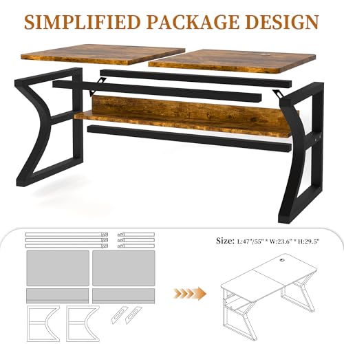 55 inch Computer Desk, Office Desk w/Storage Shelf & Cable Management, Work Table w/Sturdy U-Shaped Metal Frame & Deeper Desktop, Study Writing Desk for Home Office Bedroom (Brown, 55inch) - Image 4