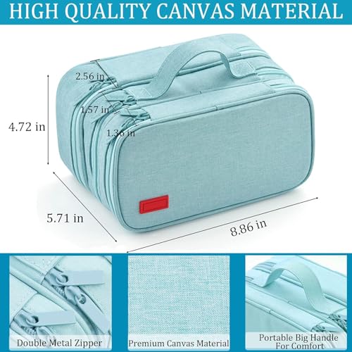 Image of Large Capacity Canvas Pencil Case With 3 Compartments - Light Blue | Portable Canvas Stationery Organizer With Double Zippers, Simple for College, School, Office, Girl, Boy, Men, Women, Adult