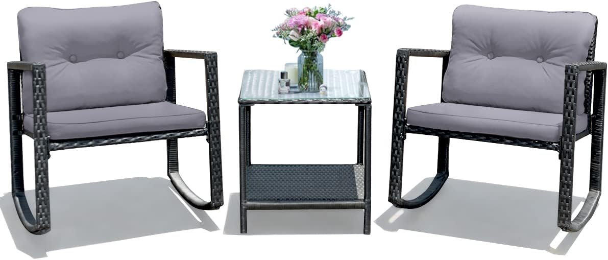 COSTWAY 3 Pieces Patio Rattan Rocking Chair Set, Outdoor Conversation Furniture Sets with Coffee Table, Storage Shelf and Cushions, Modern Bistro Set for Porch, Backyard, Garden, Gray