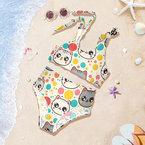 Girls' Bikini Set, Colorful Dots Cartoon Cat Face Kids Swimsuit 2 Pcs Beach Bathing Suit4