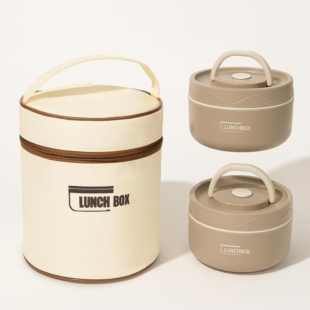 YELONA 970 ML Stainless Steel 2 Layer Bento Lunch/Tiffin Box with Bag, Thermal Portable Foam Insulated Food Container Set,Stackable Reusable for Student, Office, College, Picnic - (Brown)