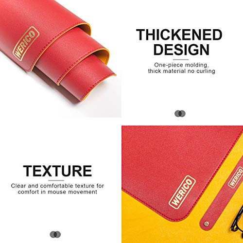 WERICO PU Cuoio Pad da Ufficio Multifunzionale,Impermeabile Antiscivolo Anti-Sporco Tappetino Mouse per Ufficio, Casa e Viaggi 60x30 cm (Rosso + Giallo)
