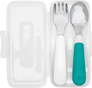OXO Tot On-The-Go - Juego de tenedor y cuchara, acero inoxidable, TPR, plástico, color verde azulado