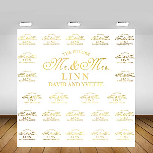 Mehofoto Wedding Backdrop Custom Step and Repeat Wedding Photography Backdrops 8x8ft Gold and White Vinyl Backdrop for Engagement Party Banner