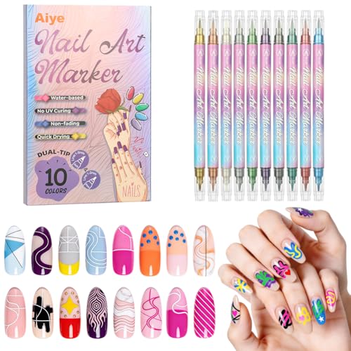 AOOWU Bolígrafos de Arte de Uñas 3D, 10 PCS Boligrafo 3D Pintauñas, Doble Cabeza para DIY Bolígrafo Manicura Niñas, Pintura de Uñas para Dibujar, Delinear y Puntear en Decoración