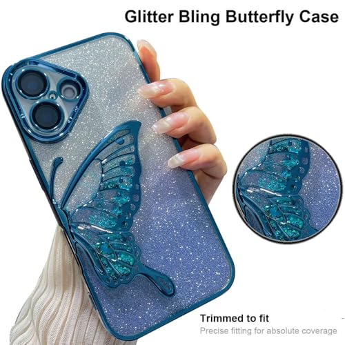 Image of mobistyle Designed for iPhone 16 Plus Cover with Glitter Cute Butterfly Electroplate Plating Design Back Cover Case for Women Teen Girls [ Silicone | Blue]