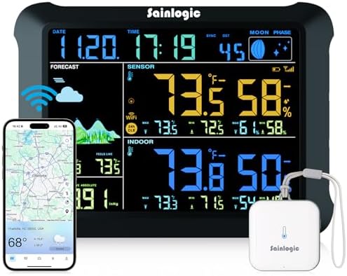 Sainlogic WiFi Smart Weather Station SA1 with 24H/ 7Days Accurate Weather Forecast by Weatherseed® AI, Email & App Notification Alert,Data Storage Export