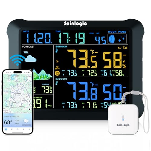 Sainlogic WiFi Smart Weather Station SA1 with 24H/ 7Days Accurate Weather Forecast by Weatherseed® AI, Email & App Notification Alert,Data Storage Export
