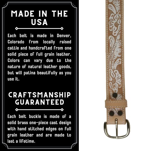 R.G. BULLCO Womens 1-1/2" Genuine Premium Leather Tan Belt w. White Floral Finish & Chrome Buckle - RGB-42703