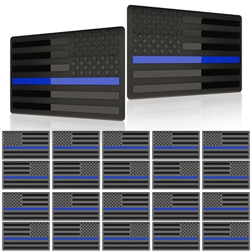 Image of 10 Pairs Embossed 3D Metal Thin Blue Line All Black American Flag Emblem Decal Stickers, Matte Black 5 inch x 3 inch Patriotic USA US Flag Decals for Car, Truck, Motorcycle Honoring Police Law Enforcement