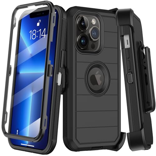KECAI for iPhone 13 Pro Case with Belt Clip Holster & Kickstand Built-in Screen Protector Heavy Duty Shockproof Drop Protection Military Grade Full Body Rugged Phone Cover(Black)