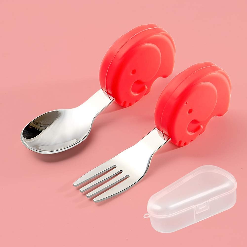 ASDSH ベビー用 スプーンとフォーク ベビー用食器 ステンレス カトラリーセット 赤ちゃん 子供 初めての離乳食用具 食事用 離乳食訓練 出産祝い プレゼント 誕生日 贈り物 収納ボックス付き 赤い象