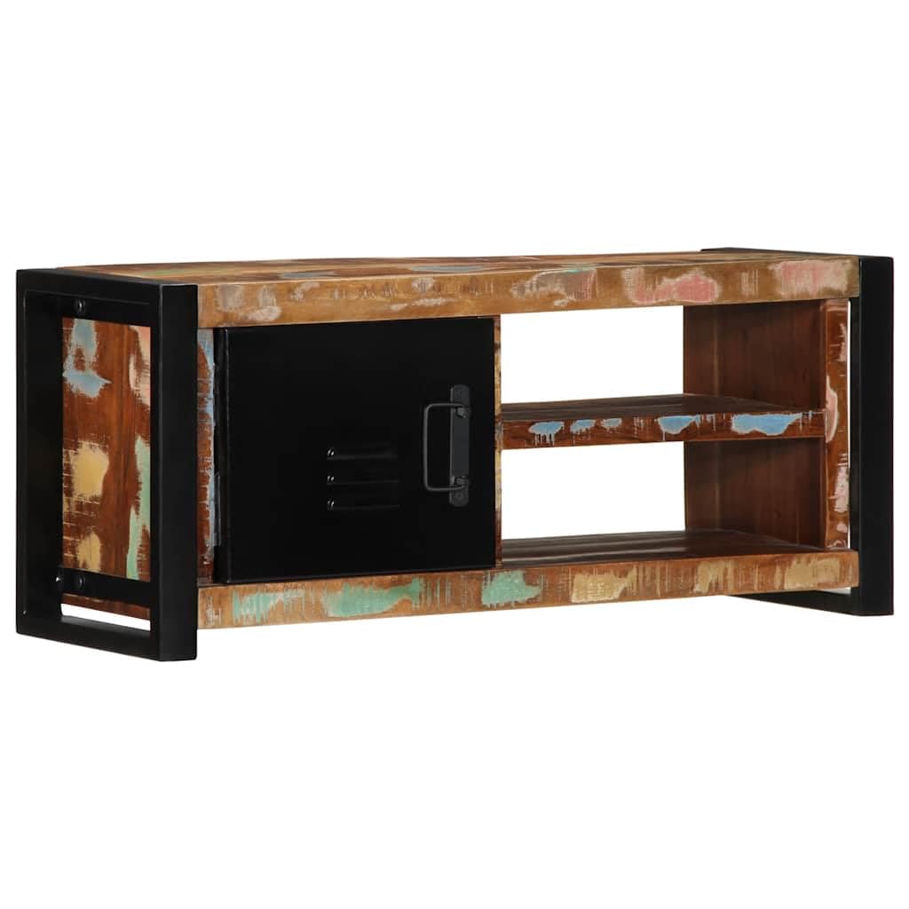 Mobile TV 80 x 30 x 35 cm, in legno massiccio anticato con maniglie in metallo e struttura in ferro, credenza bassa con vano portaoggetti, cassetto, scaffale per soggiorno, camera da letto