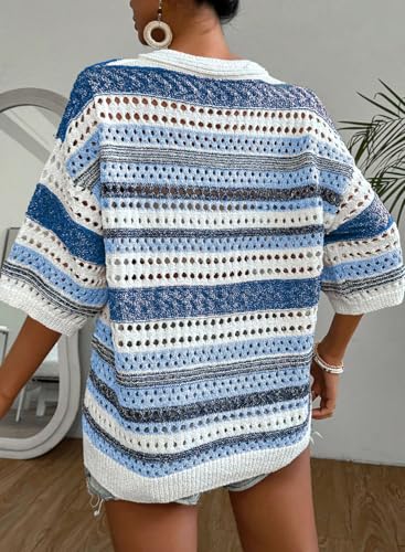 Image of Acelitt Crochet Tops for Women Summer Short Sleeve Sweater | Boho Striped Knit Top, 3 /4 Sleeve, Hollow Out Oversized Sweaters, Lightweight Blouses, Spring Fall Outfits for Beach Vacation