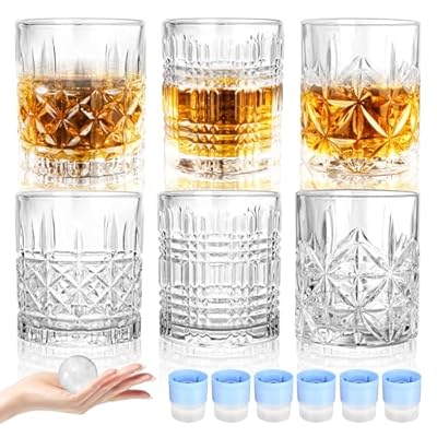 MATUFF Whiskey Rocks Glass, Mixed Set of 6 (3 Styles Crystal Bourbon Glasses, 6 Round Big Ice Ball Molds) 10 Oz Old Fashioned Glasses for Scotch Cocktail Rum Cognac Vodka Liquor, Unique Gifts for Men