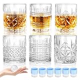 MATUFF Juego de 6 vasos de whisky de rocas, juego mixto de 6 (3 estilos de vasos de cristal bourbon, 6 moldes redondos de bolas de hielo grandes) vasos antiguos de 10 onzas para cóctel escocés, ron,