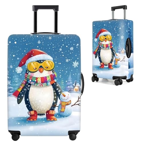 Image of Christmas Penguin Luggage Cover - Cute Winter Penguin Suitcase Protector, Holiday Travel Luggage Sleeve, Stretchable & Waterproof,S