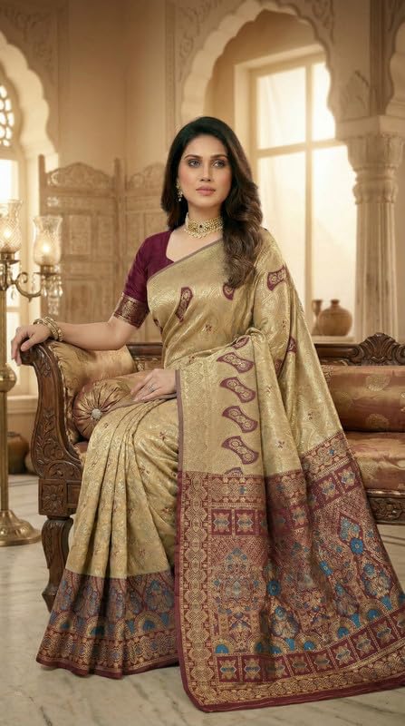Image of C J Enterprise Women's Pure Soft Silk Saree With Blouse Piece For Wedding (Damru-Patola)