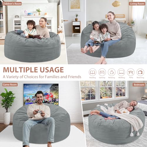3FT Bean Bag Chair, Comfy Bean Bag Chairs with Memory Foam Filled, Fluffy Beanbag Sofa with Dutch Velvet Cover, Round BeanBag Chairs for Living Room, Playroom - Light Grey