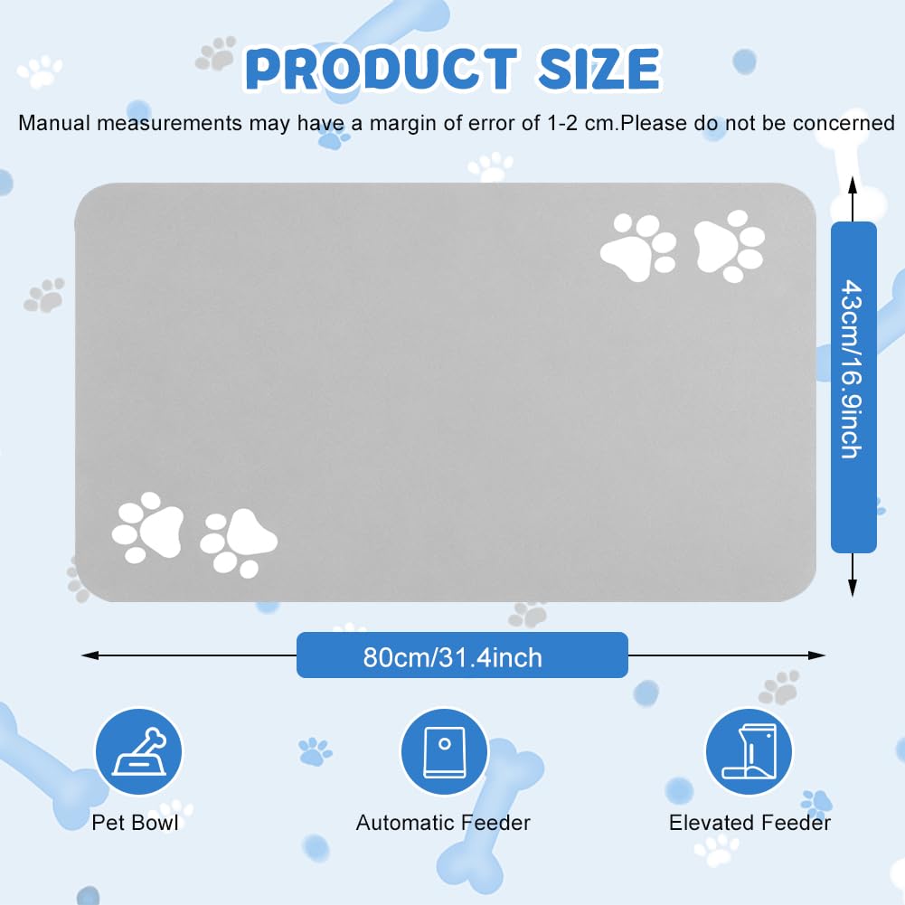 Tapis d'alimentation pour animaux de compagnie, 43 x 80 cm, tapis de gamelle pour chat et chien, tapis de nourriture antidérapant, séchage rapide, facile à nettoyer (gris)