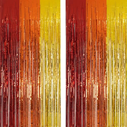 Image of Red Orange Gold Foil Fringe Backdrop Curtain - GREATRIL Party Backdrop Curtains for Birthdays Fall Pumpkin Thanksgiving Party 2 Packs
