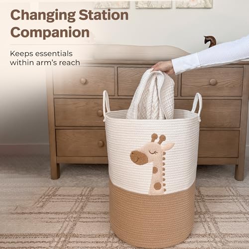 Image of Giraffe Baby Laundry Basket, Tall Woven Rope Nursery Hamper, 20x15 in | Baby Clothes Hamper, Blanket Basket, Toy Storage, Soft Felt Animal Patch, Safari Nursery Decor, Shower Gift, Kids Room