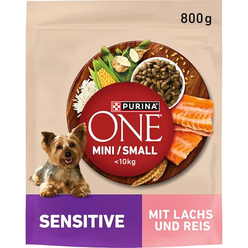 PURINA ONE Mini/Small Delicate Lot de 8 boîtes de Nourriture sèche pour Petits Chiens Riches en Saumon et Riz 8 x 800 g