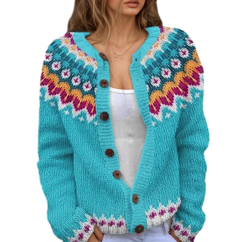 Women's Fair Isle Floral Print Knit Cardigan Sweater Fall Winter Casual Loose Vintage Open Front Jacket Coat