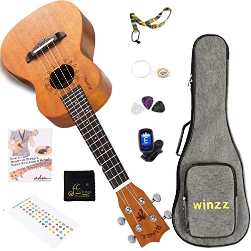 WINZZ Concert Mahogany Hawaii Ukulele with Bag, Finger Sticker, Chord Card, Tuner, Strap, Picks, Extra Strings, Polish Cloth, 23 Inches