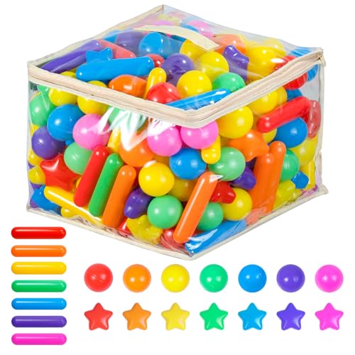 Ball Pit Balls for Kids, Pool Toys Thicken Soft Plastic Balls for Ball Pit BPA Free Toddler Toy 3 Shapes (Balls, Star, Stick) Mixed Rainbow 100pcs