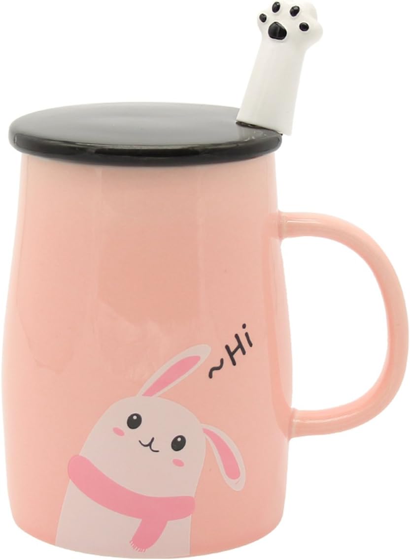Pink Cute Bunny Mug Funny Ceramic Coffee Mug with Stainless Steel Spoon, Novelty Coffee Mug for Rabbit Lovers