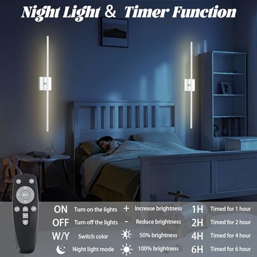 Image of 32 Inch Wireless Wall Sconces Set of 2, Rechargeable Battery Operated Wall Sconce With Remote & Touch, 8000mah, 3 Color Modes, Magnetic, 360 Rotate, for Bedroom, Living Room, Hallway Decor, Silver