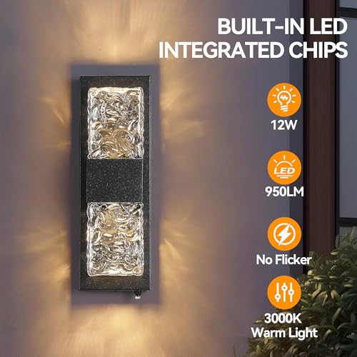 Image of 14.2 inch Dusk to Dawn Outdoor Wall Light, 12W LED,Black 1-Pack | IP65 Waterproof Wall Mounted Sconce, Dusk to Dawn Sensor, Crystal Modern Design, for Porch, Patio, Hallway, Backyard