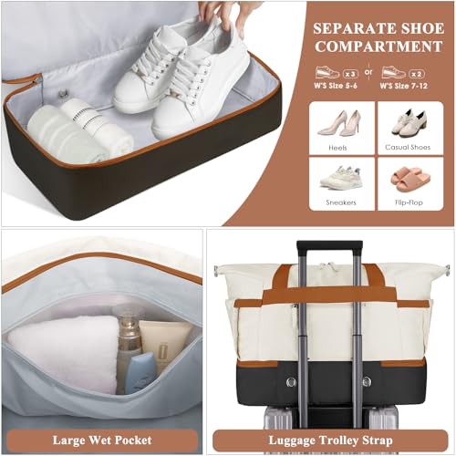 Image of Gym Bag for Women, Travel Duffel Bag with Shoes Compartment, Weekender Bag, White Black Brown, Large, Weekender Bag /Travel Bag /Gym Bag /Duffel Bag /Carry on Bag /Overnight Bag