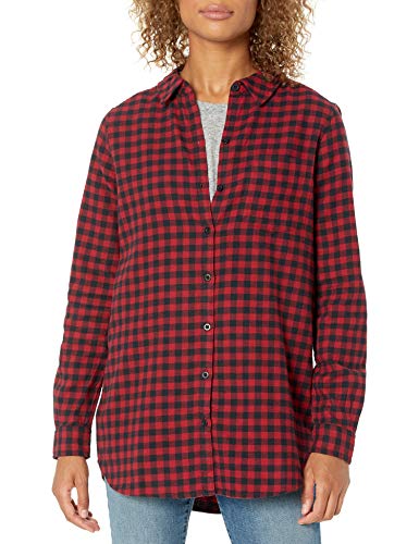 Amazon Brand - Goodthreads Women's Flannel Relaxed Fit Boyfriend Tunic Shirt, Black/Deep Red Mini Buffalo Plaid, Medium