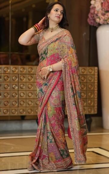 Image of Women's Chinon Silk Saree with Printed Design, Mirror Work & Zari Woven Detailing | Ethnic Wear Saree with Unstitched Blouse Piece | Traditional Festive & WeddingWear